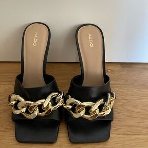 ALDO Black Mule Heels with Chunky Gold Chain